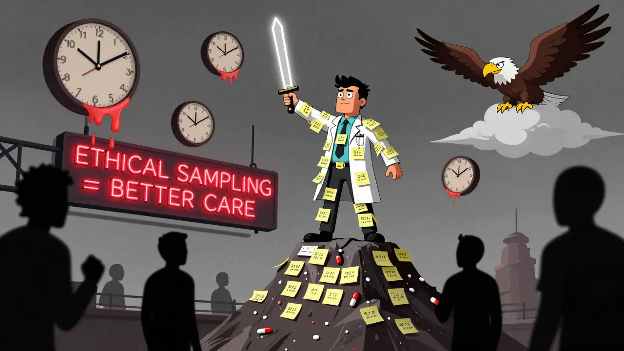 Hero standing on mountain of expired samples, holding a glowing lot number like a sword.