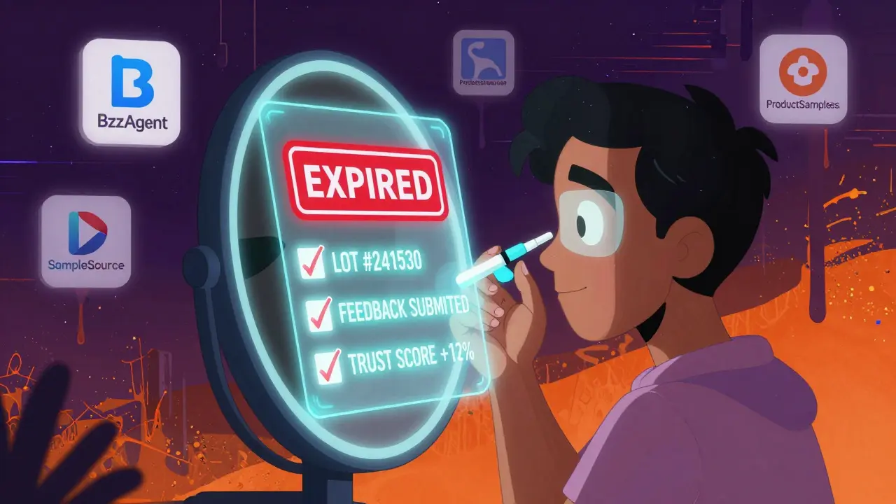 Smart mirror projecting health alerts over someone applying a medication sample.