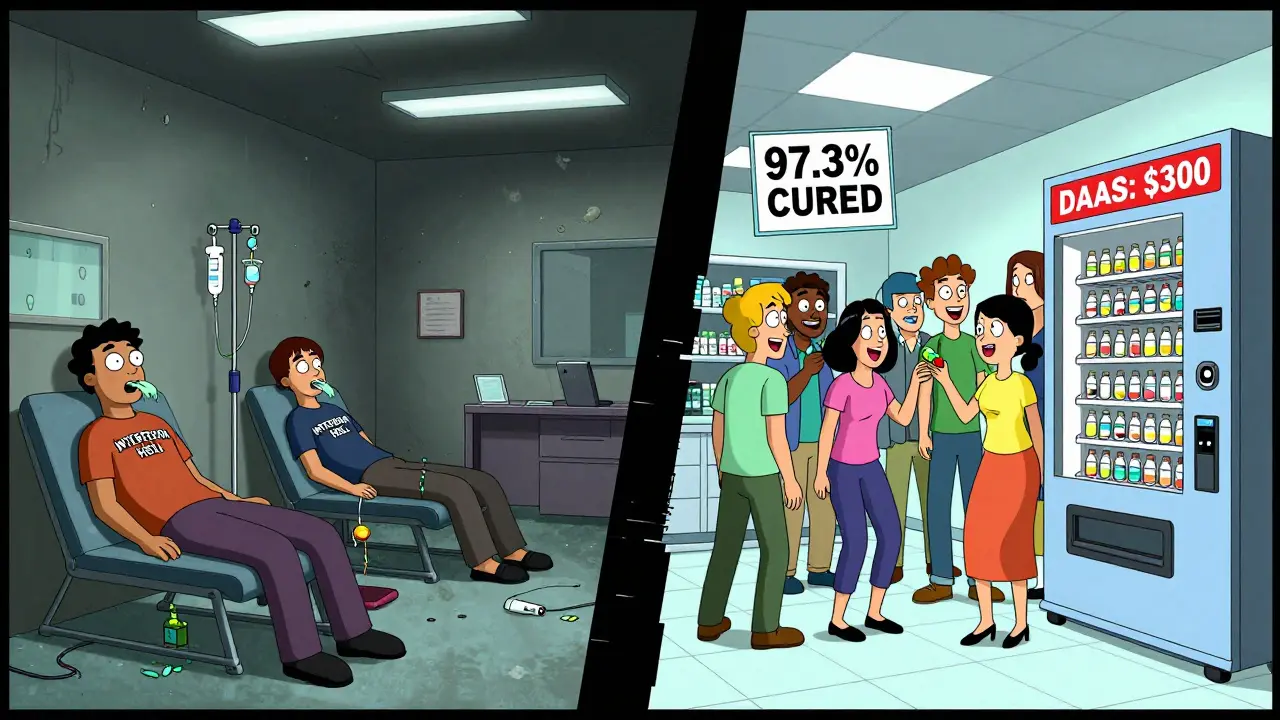 Split comic panel: left shows suffering from interferon treatment, right shows people happily taking affordable DAA pills from a vending machine.