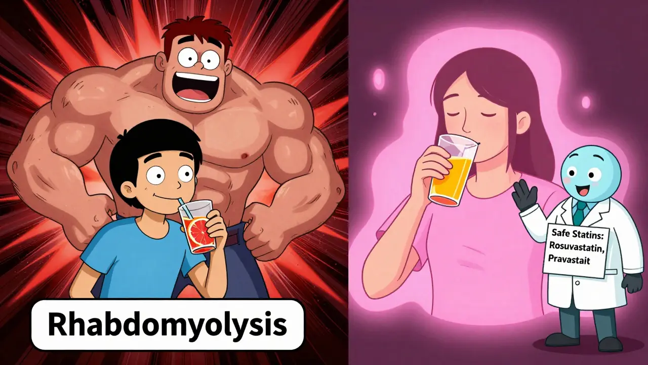 Split scene: one person drinking grapefruit juice with a muscle monster behind them, another drinking safe orange juice with a pharmacist.