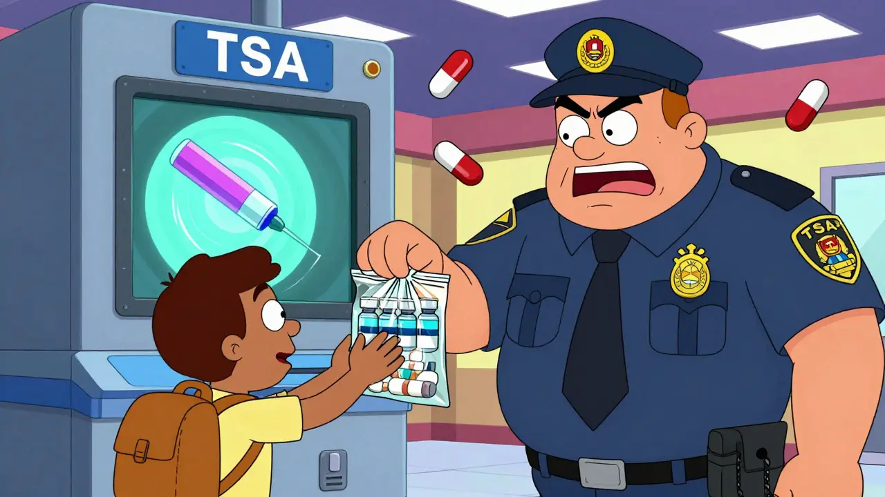 Traveler handing medication to quirky TSA agent at checkpoint with surreal X-ray display.