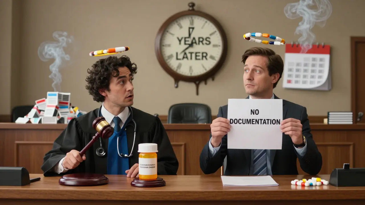 A courtroom with a pill-bottle gavel and a plaintiff floating above, surrounded by missing documentation.