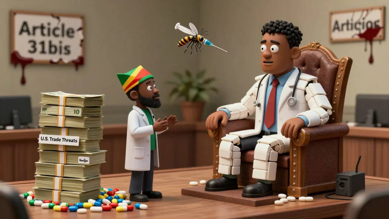 A doctor argues against a CEO-judge in a courtroom where trade threats tower over generic pills.