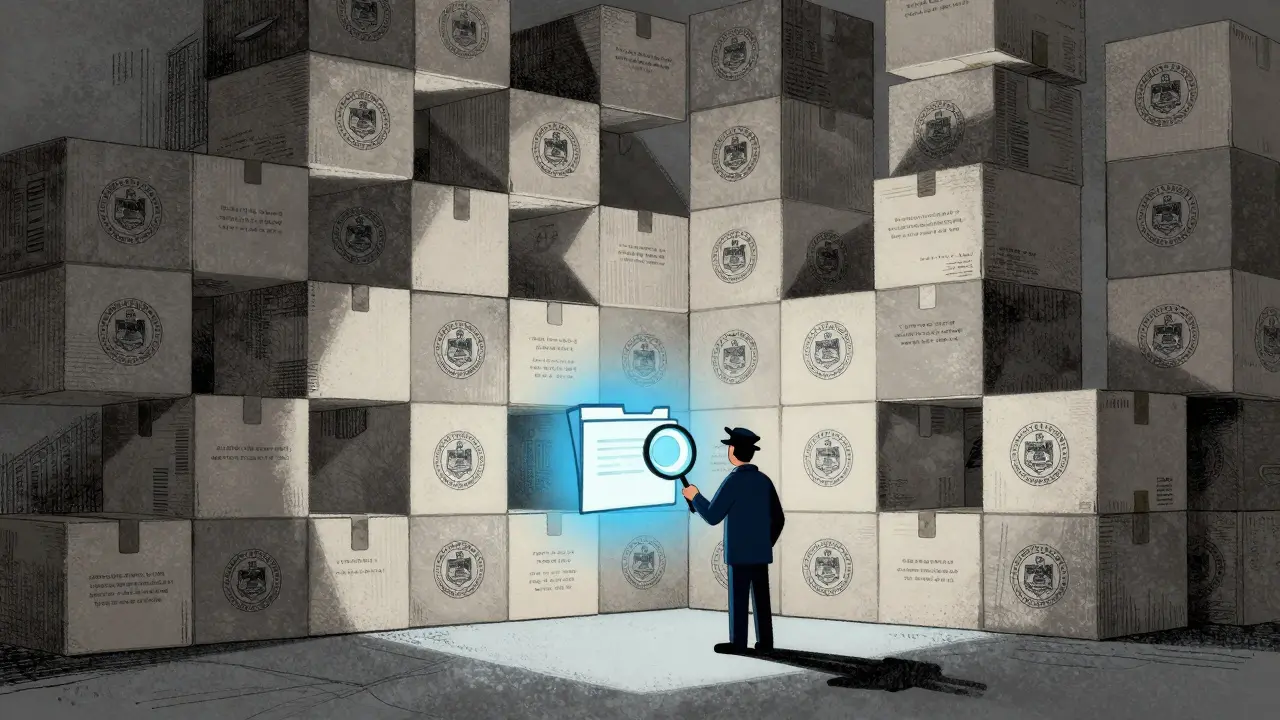 A giant mountain of filing cabinets looms over a tiny person holding a magnifying glass in a noir setting.