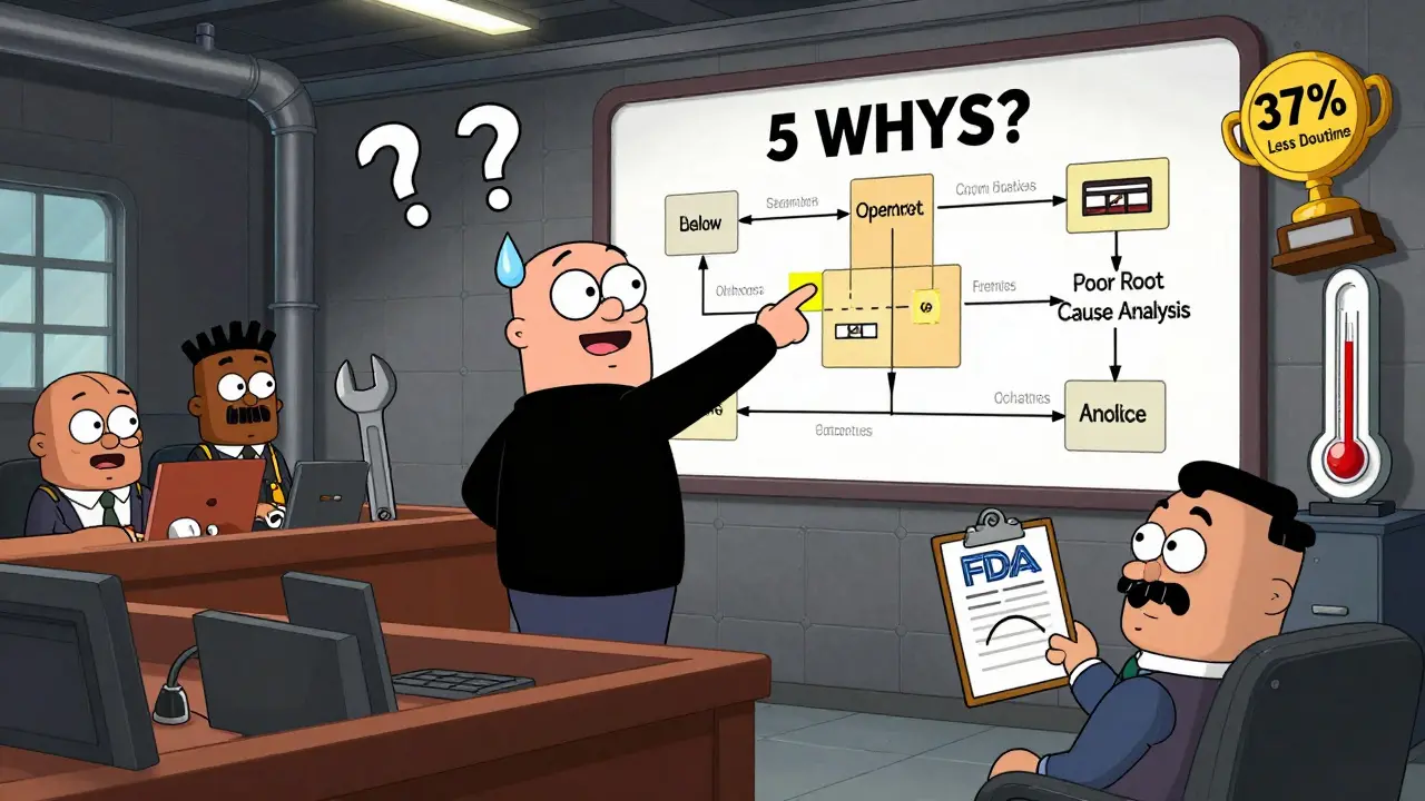 A jury of tools votes on a guilty verdict for poor root cause analysis in a surreal factory courtroom.