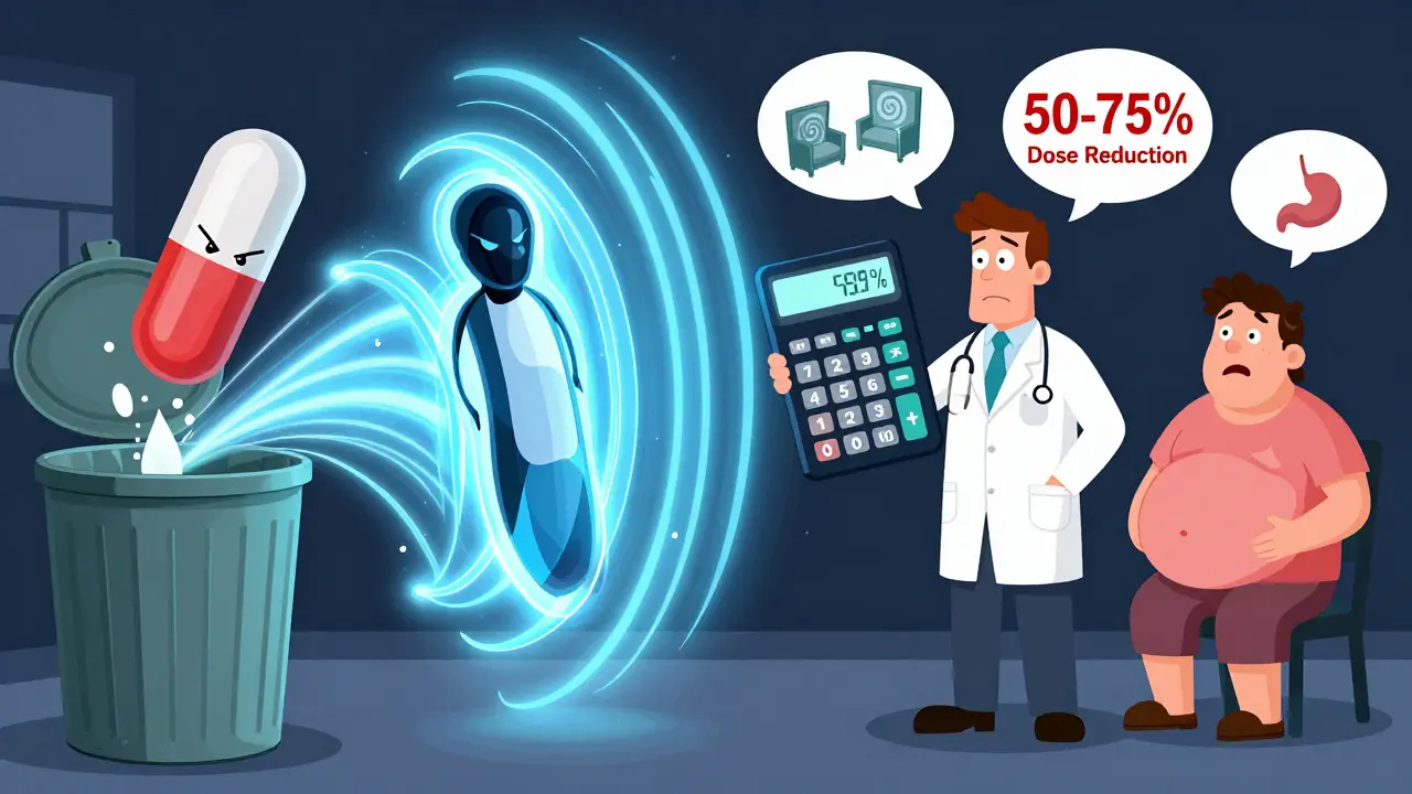 A morphine pill being discarded as a fentanyl patch glides in like a hero, with a doctor holding a dose calculator.