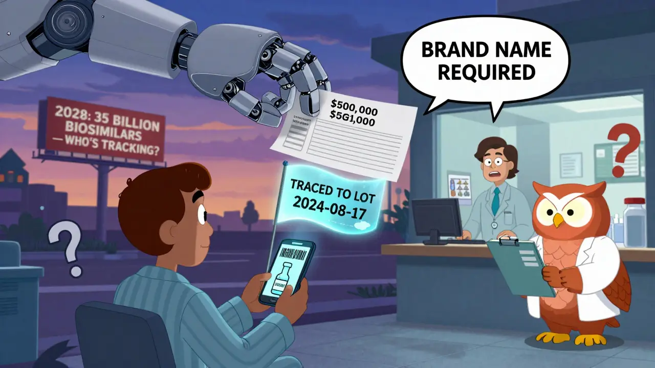 A patient scans a biosimilar vial barcode that reveals its lot trace, while a giant hand fines a pharmacy clerk for non-compliance.