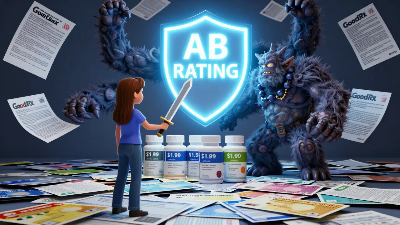 A patient wielding a GoodRx app against a monstrous PBM, with a protective AB rating shield glowing over cheap generic pills.