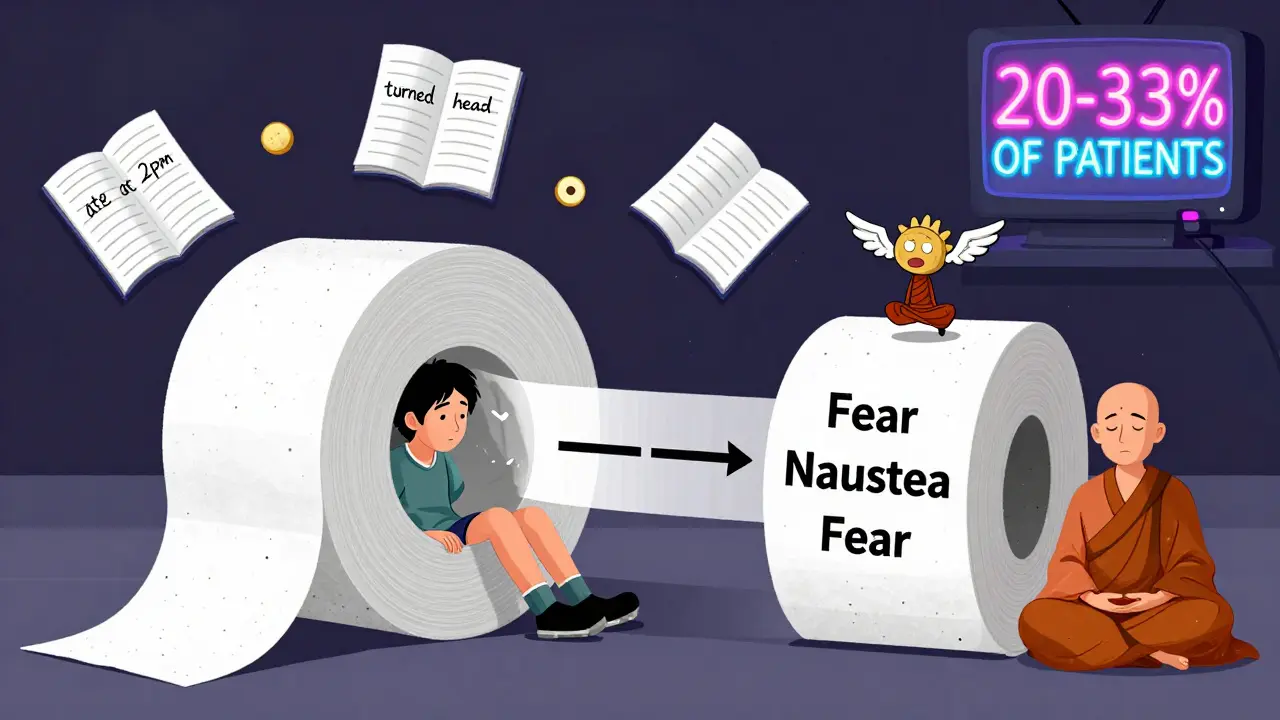 A person trapped in a looping 'fear-nausea' cycle, with a ginger chew flying in to break it, and a journal nearby.