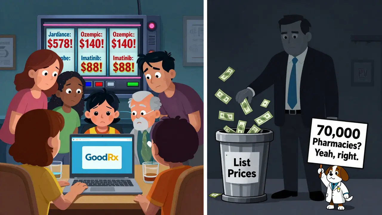 A split scene showing GoodRx price discounts on a laptop and a PBM executive shredding list prices.