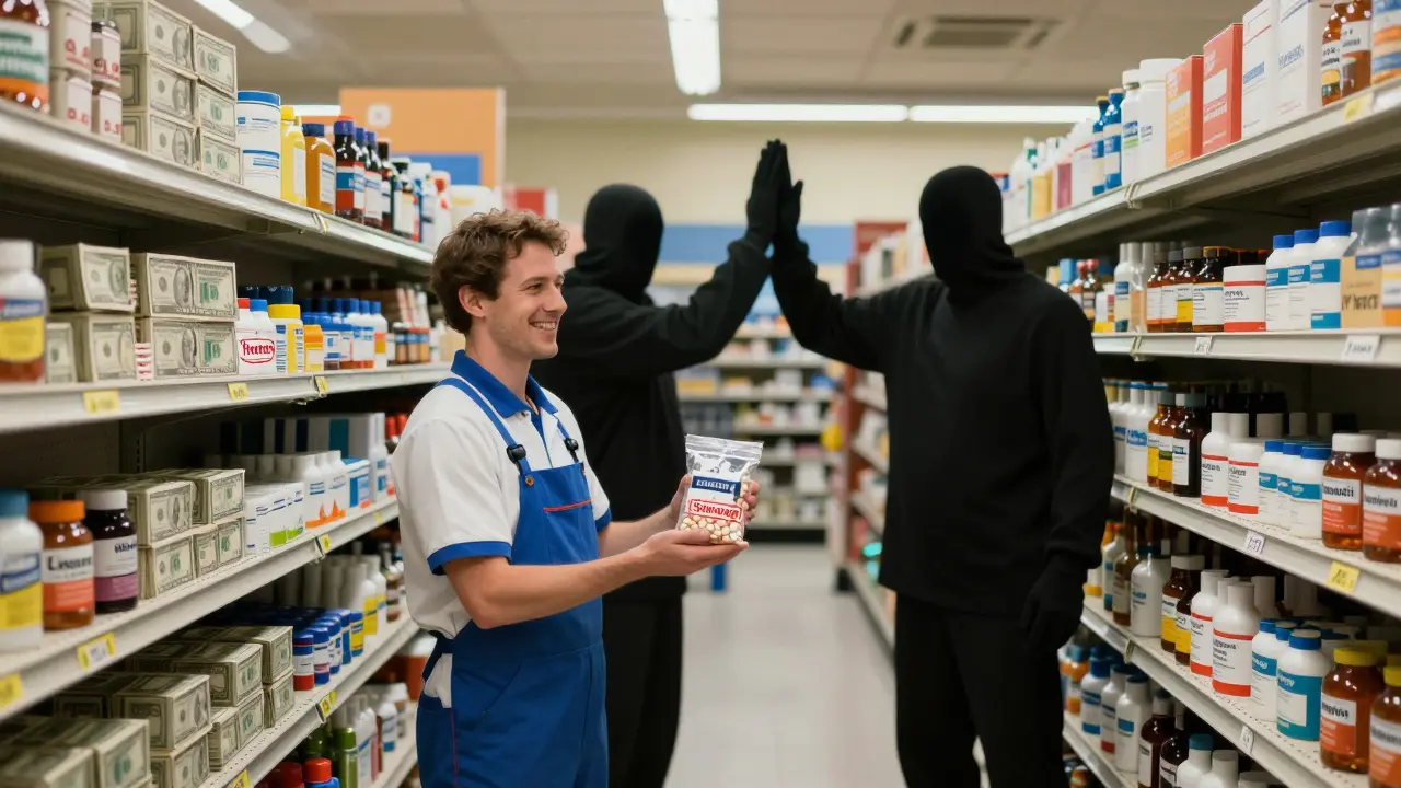 A supermarket aisle with pills replaced by dollar bills, Walmart offering  generics as corporate giants secretly celebrate.