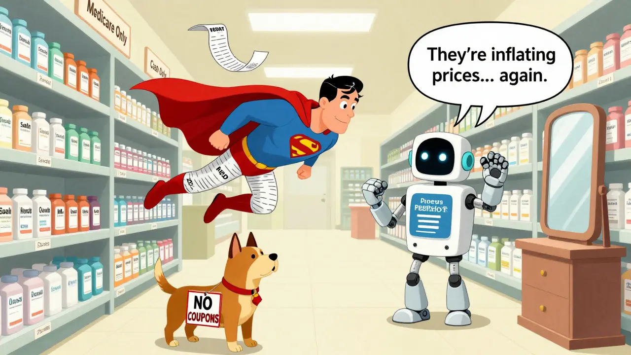 A surreal pharmacy aisle with themed sections and a superhero in receipts flying past a guard dog.