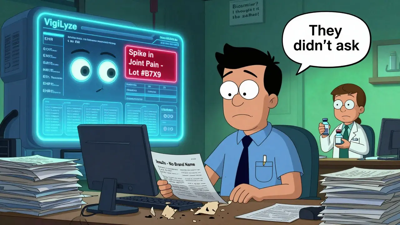 A weary FDA agent faces overflowing reports while an AI system detects a safety alert, with a pharmacist secretly swapping vials.