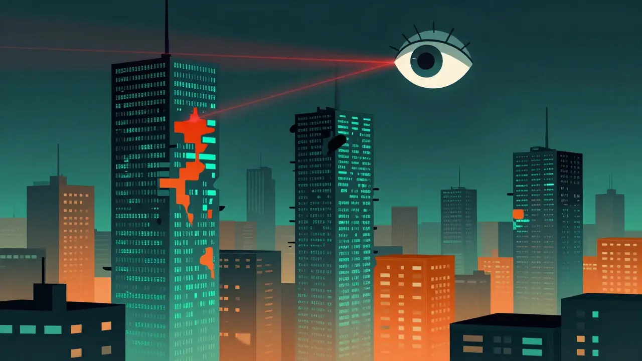 Abstract data towers with missing sections under neon light