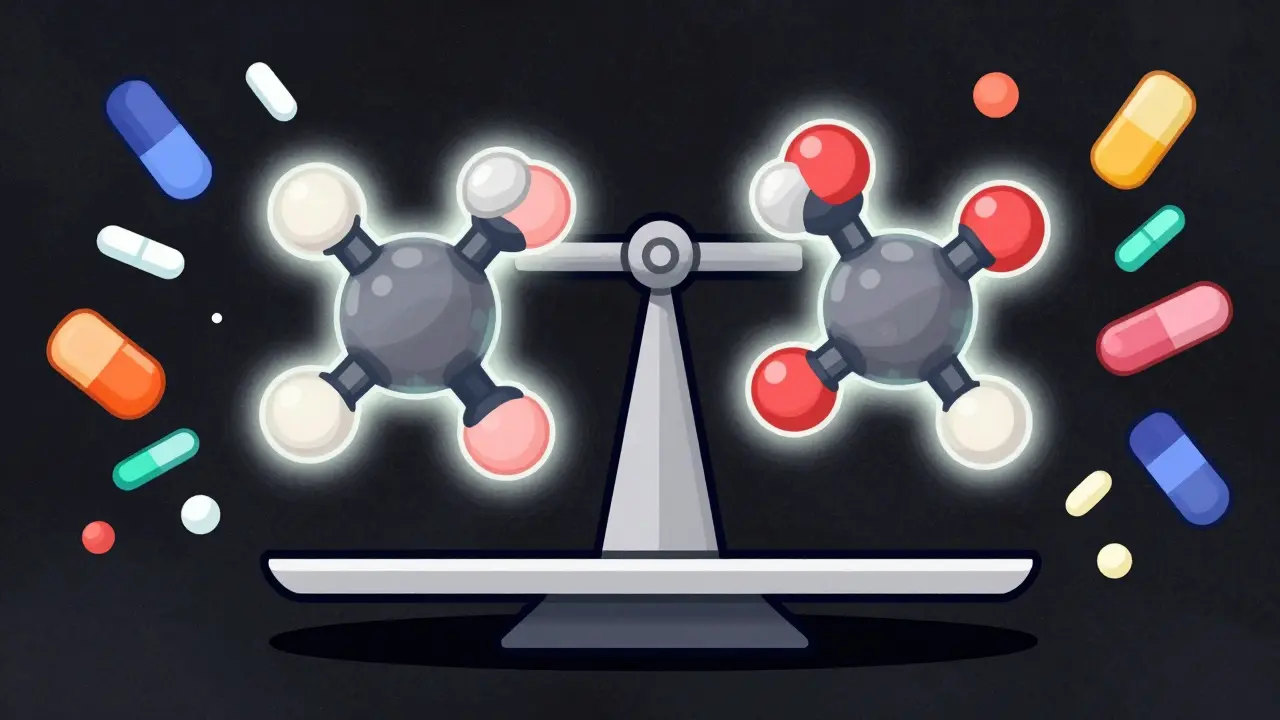 Abstract scale showing identical drug molecules