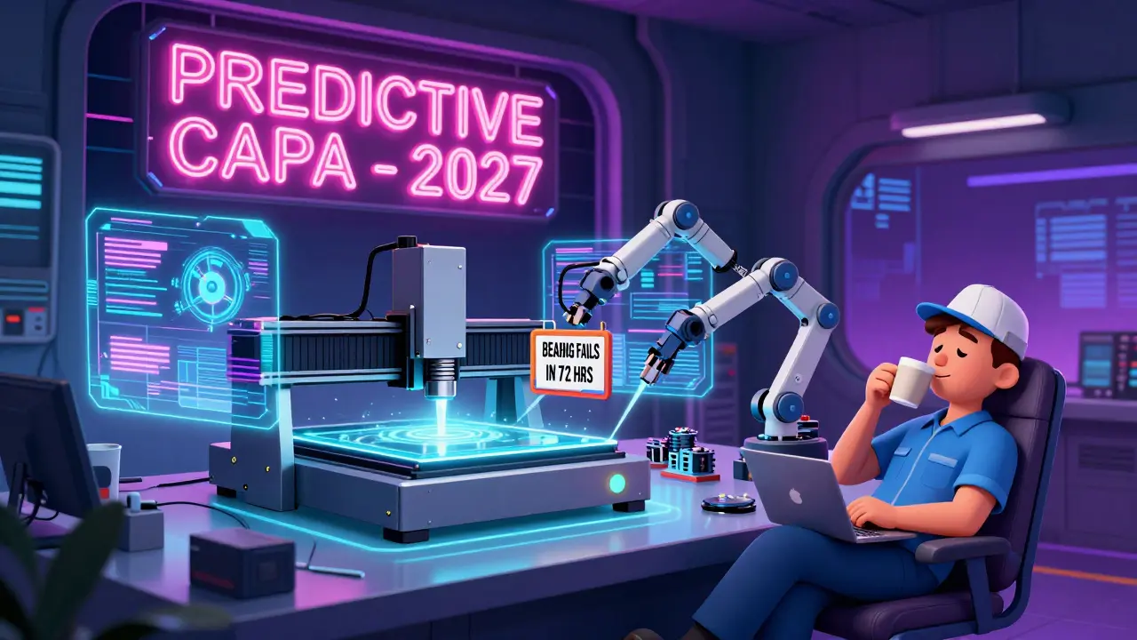 An AI system predicts a bearing failure before it happens, with automated arms fixing it in a futuristic control room.