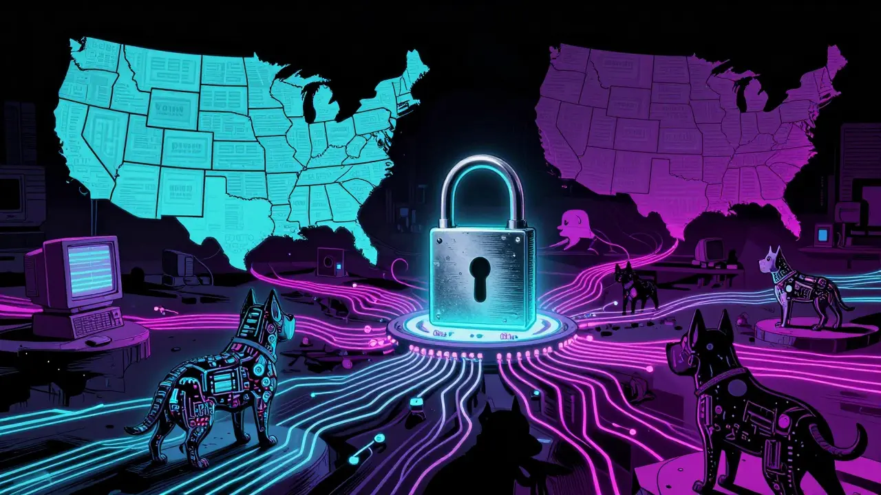 Glowing data cables connect floating state markers in a futuristic dark space with a robotic observer nearby.