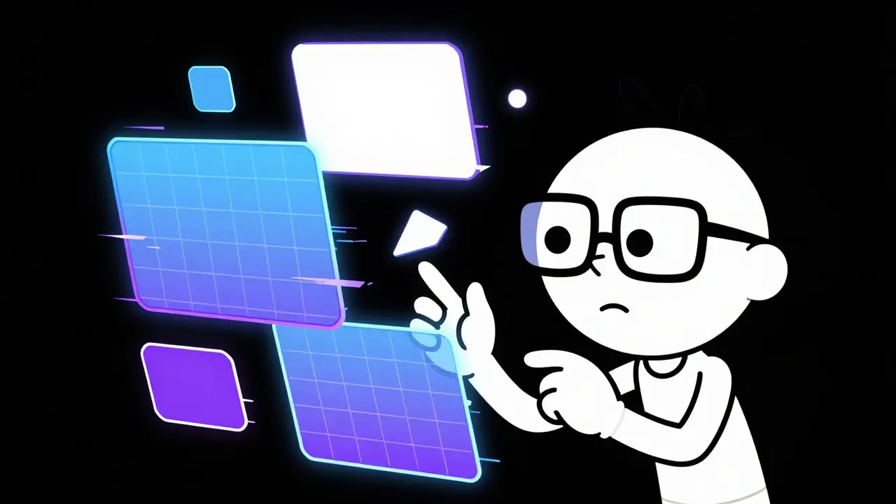 Stylized scientist manipulating floating holographic data shapes