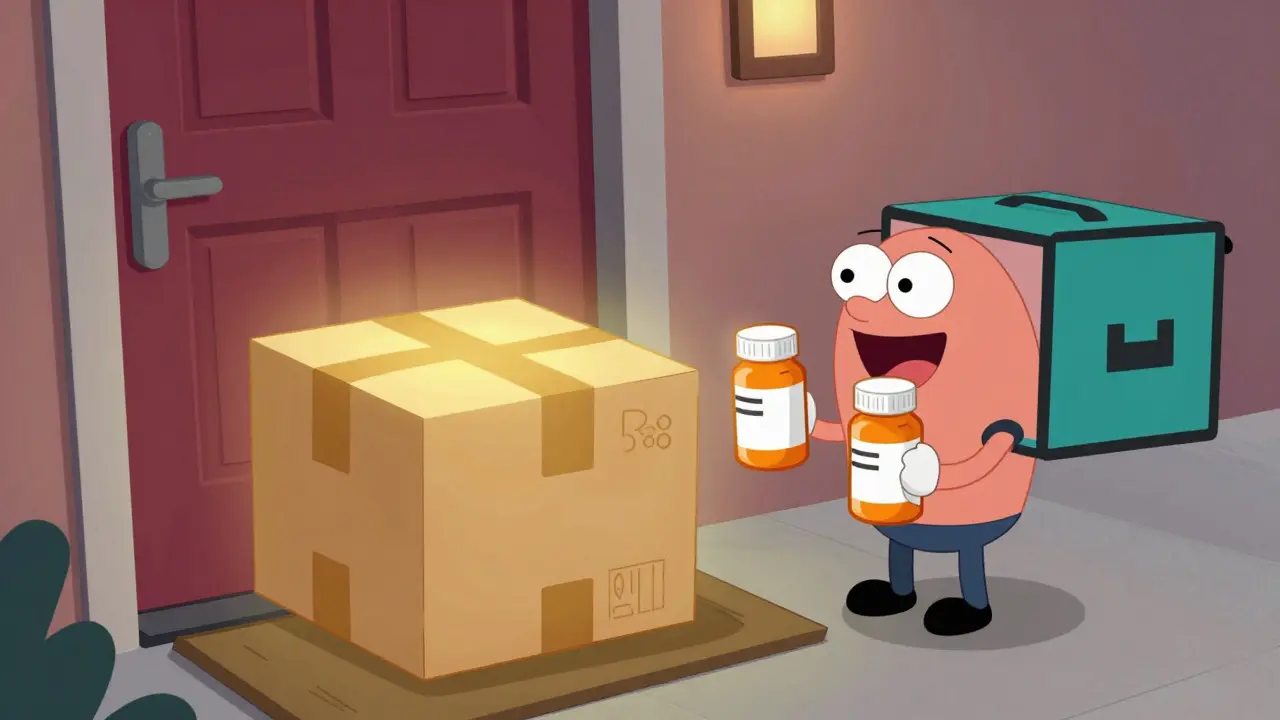 A delivery package of affordable generic medication arriving at a home doorway.