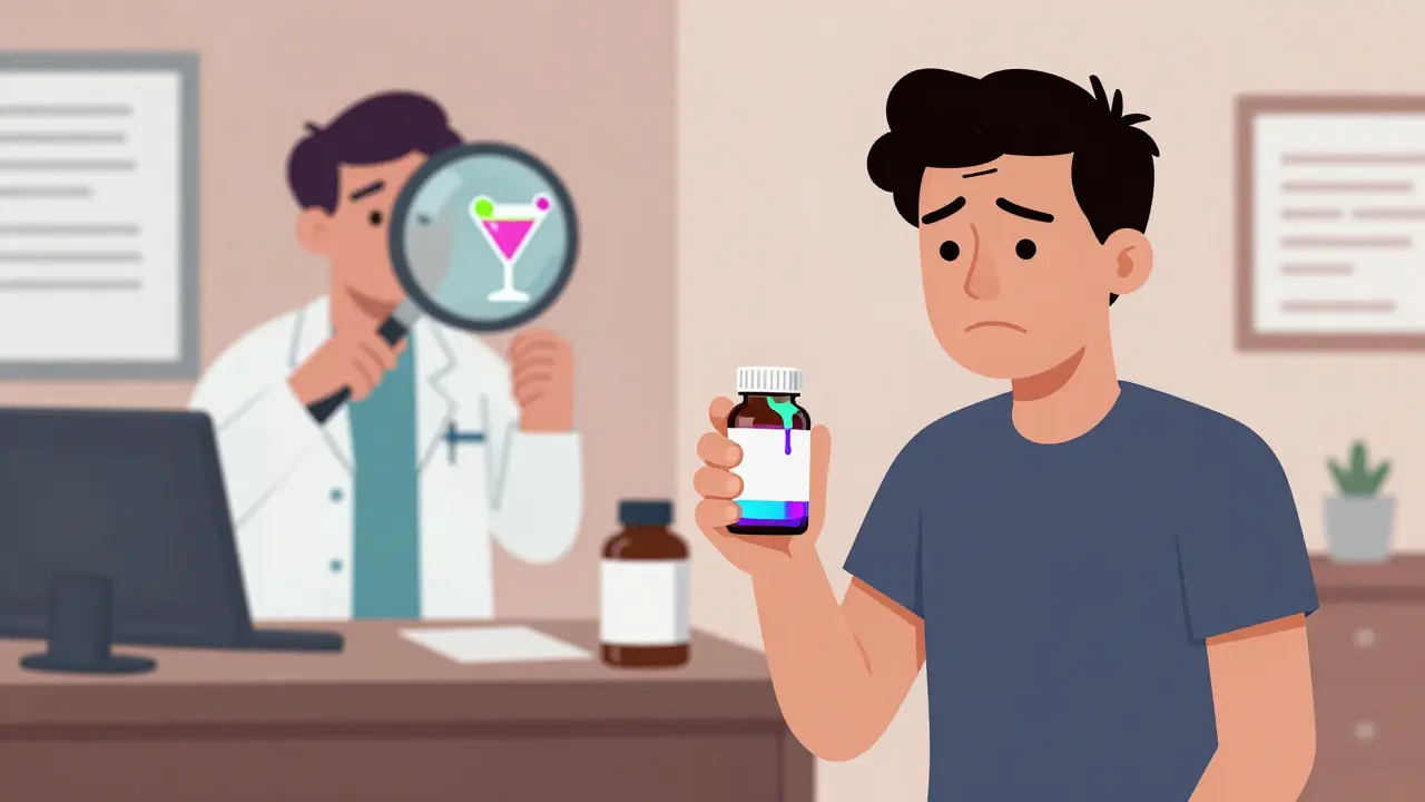 A patient and doctor in a surreal medical office discussing supplement interactions.