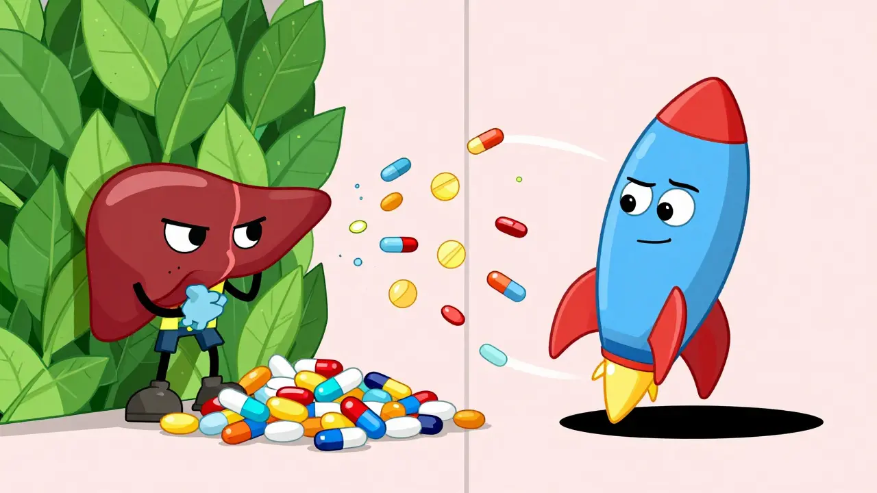 A split-screen showing a liver enzyme first blocking then accelerating drug metabolism.