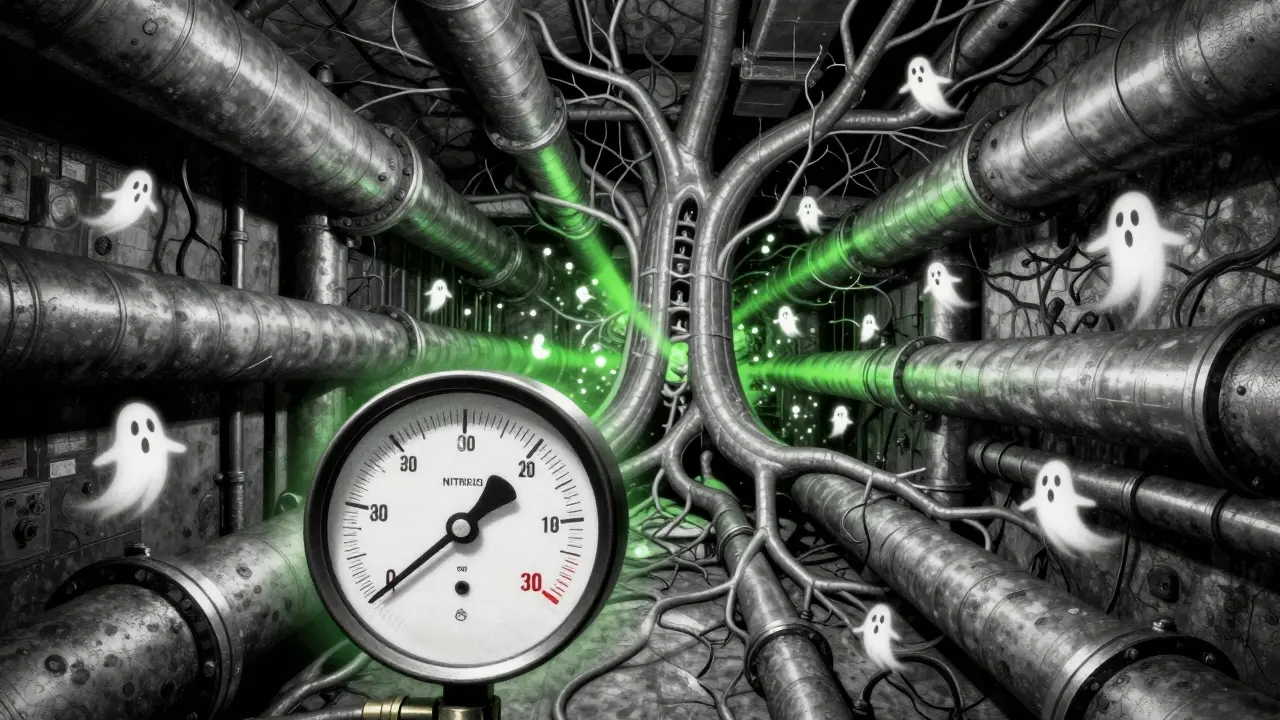 Abstract illustration of expanding blood vessels and a falling pressure gauge.