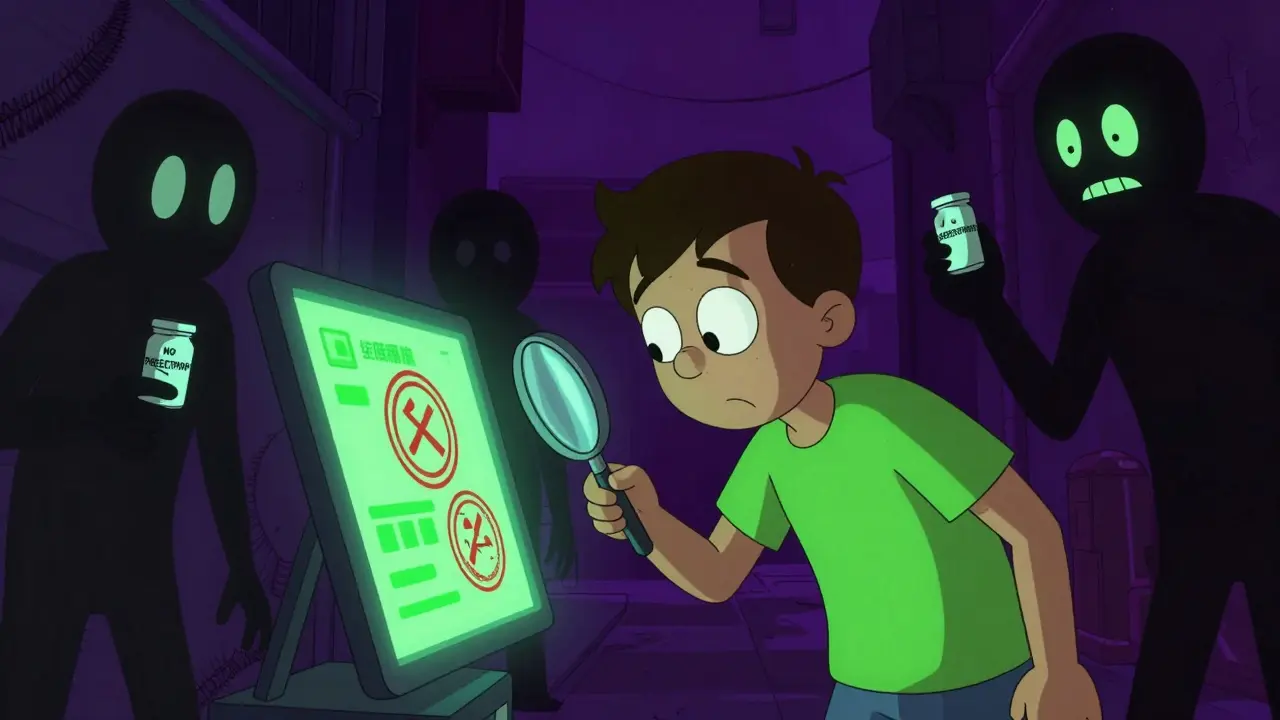 Character using a magnifying glass to verify a pharmacy's legitimacy on a screen.
