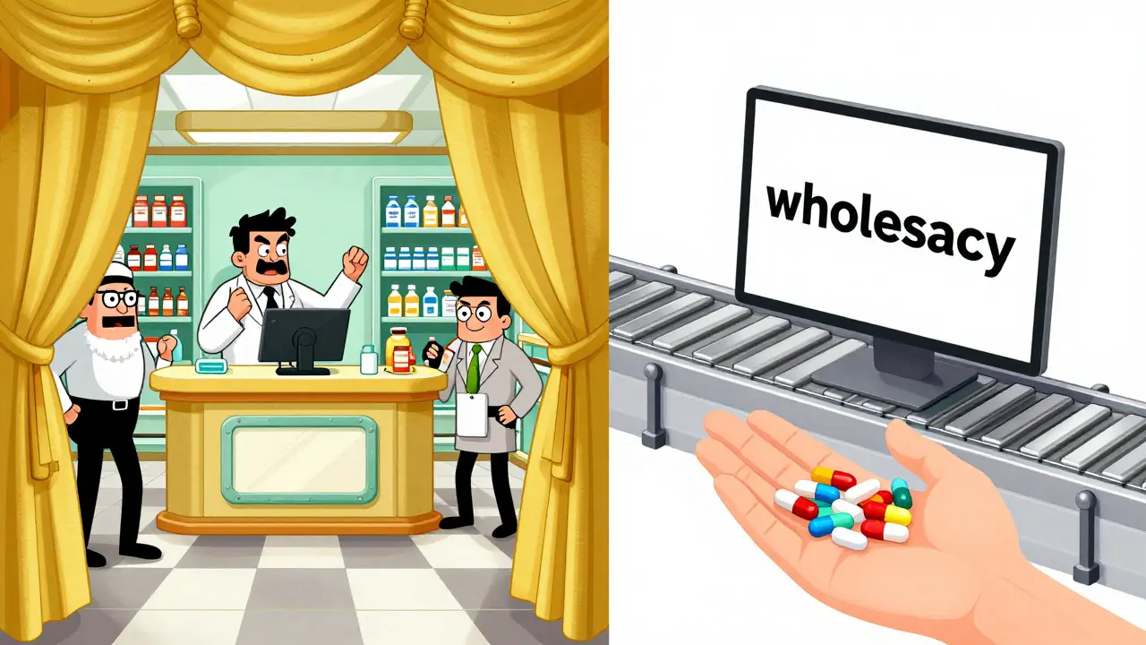 Comparison between a fancy retail pharmacy and a streamlined online wholesale pharmacy.