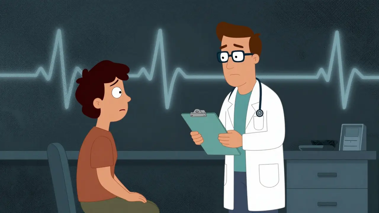 Edgy cartoon of a doctor consulting a patient about medical risks.