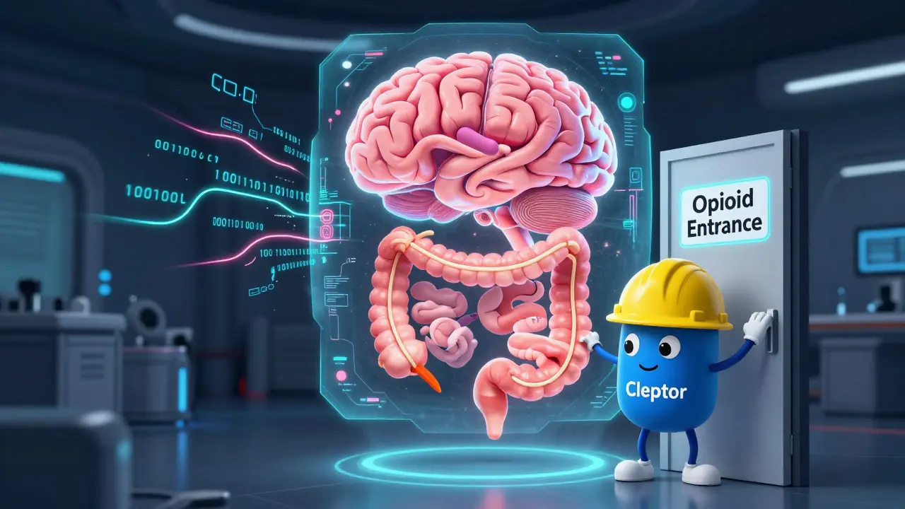 Futuristic cartoon of an AI scanning a patient and a character blocking gut receptors.