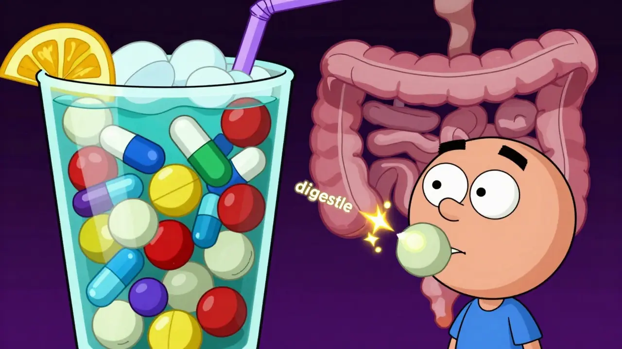 Illustration of a medical cocktail and a person chewing gum to stimulate digestion.