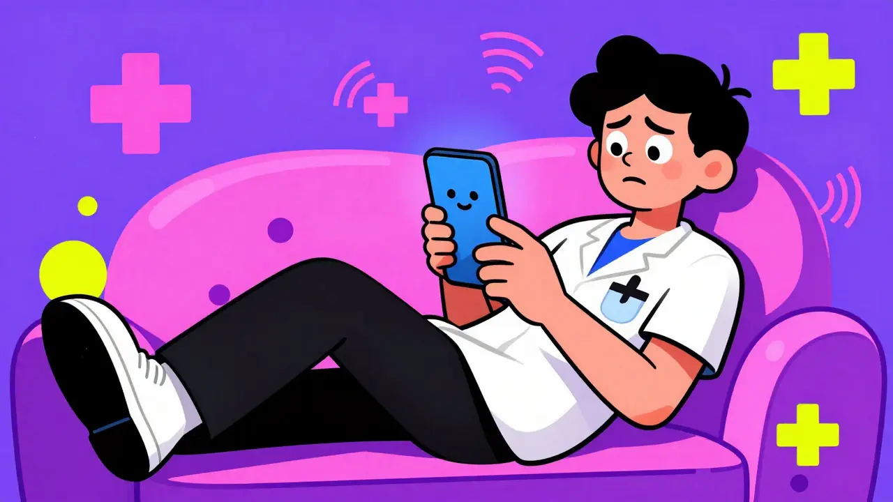 Person using a smartphone for a telehealth consultation with a stylized doctor.