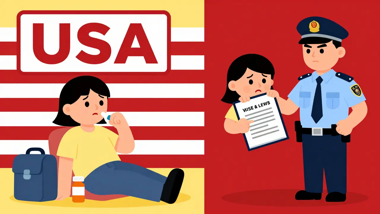 Split-screen illustration showing a traveler facing different medication laws in the US and abroad.