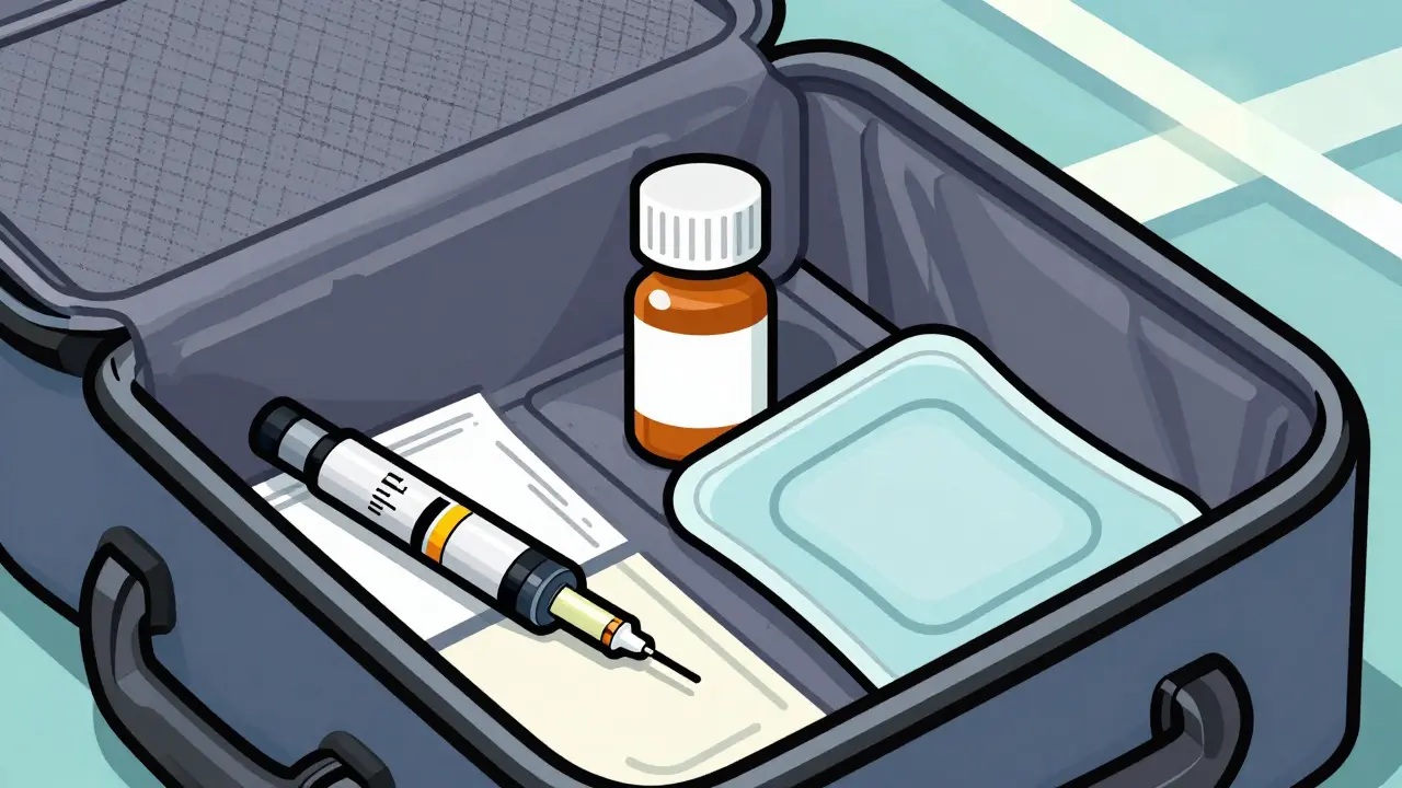 Top-down view of medical supplies including insulin and gel packs in a carry-on bag.