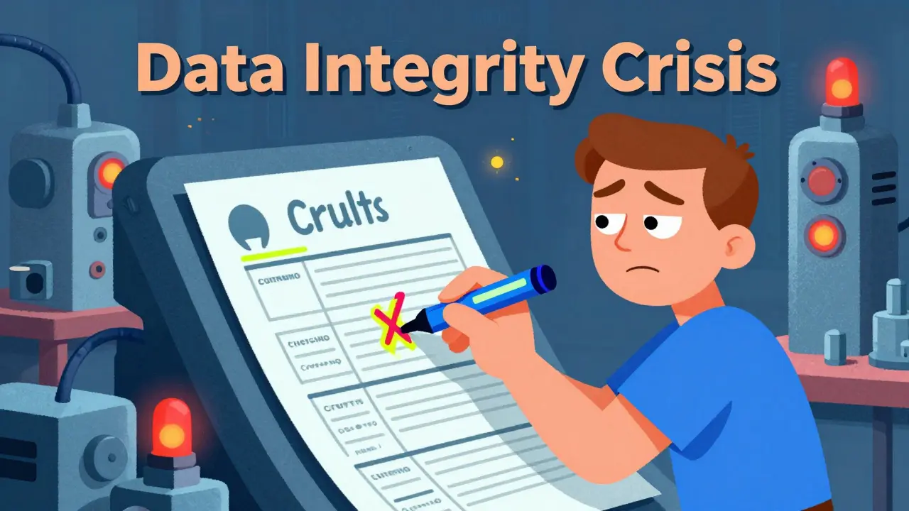 Worker erasing data on a laminated record in a surreal factory setting