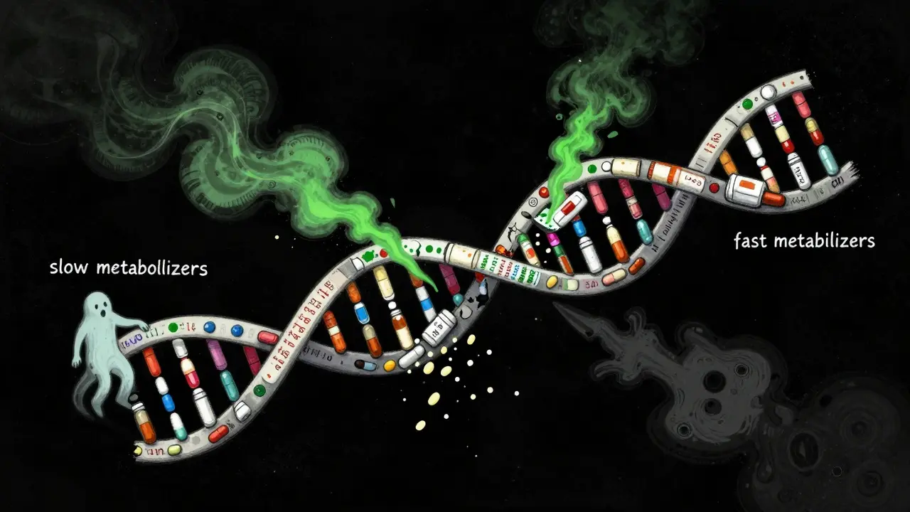 Abstract DNA helix made of medicine bottles and genetic code in Adult Swim style.