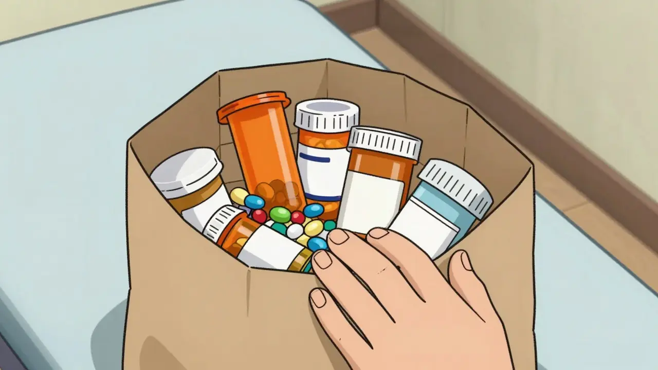 Brown bag filled with various pill bottles on exam table