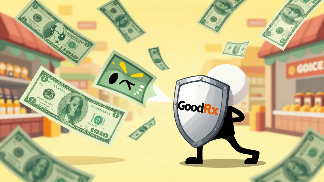 Cartoon character using a coupon shield to block giant, angry dollar bills in a marketplace.