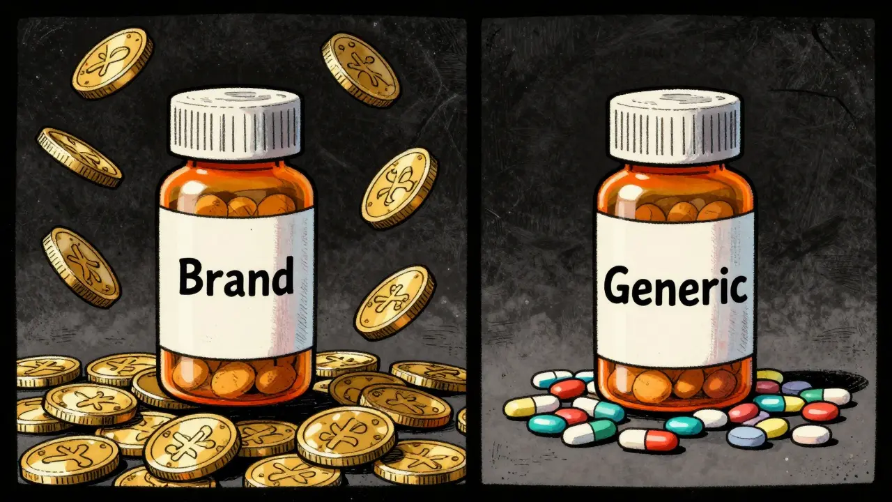 Cartoon comparing expensive brand pills vs cheap generics