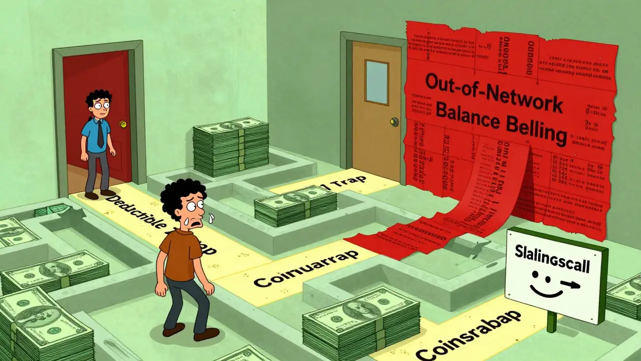Cartoon maze illustrating insurance barriers and cost options