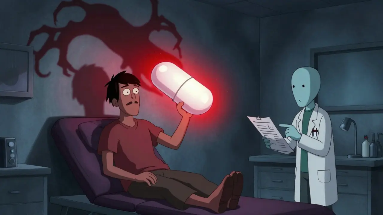 Cartoon of a patient holding a glowing, dangerous pill in a dark doctor's office.