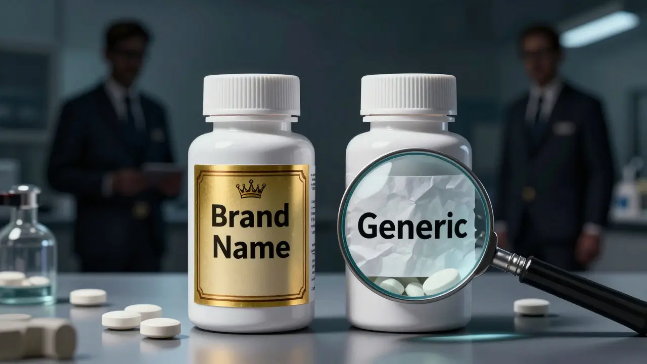 Comparison of brand name vs generic pill bottles showing identical contents