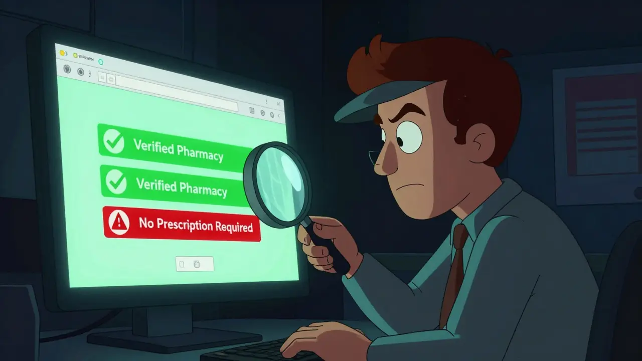 Detective checking safe online pharmacy websites