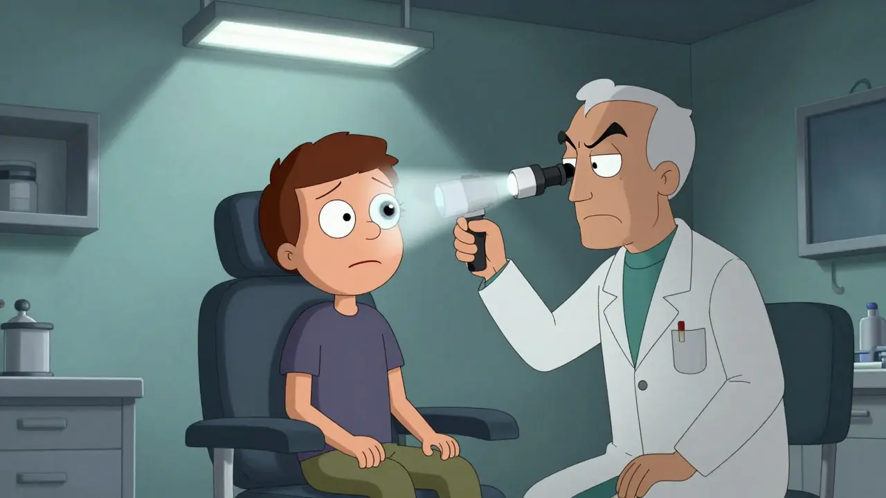 Doctor examining patient's eye for cataracts in clinic