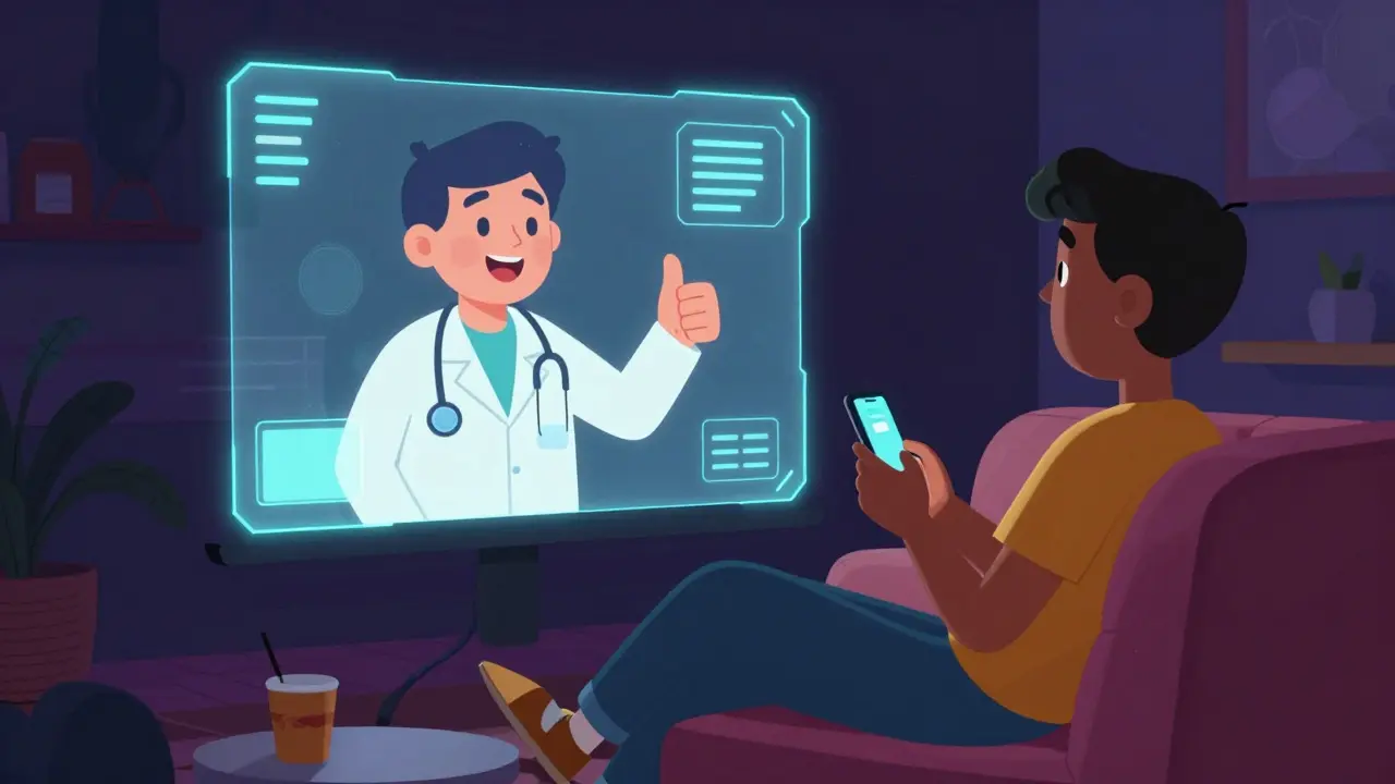 Doctor on screen approving prescription for patient at home