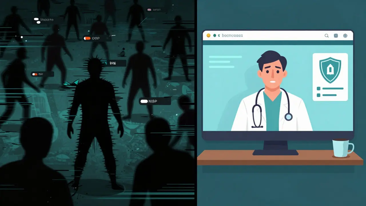 Illustration comparing safe telehealth to unsafe online pharmacies