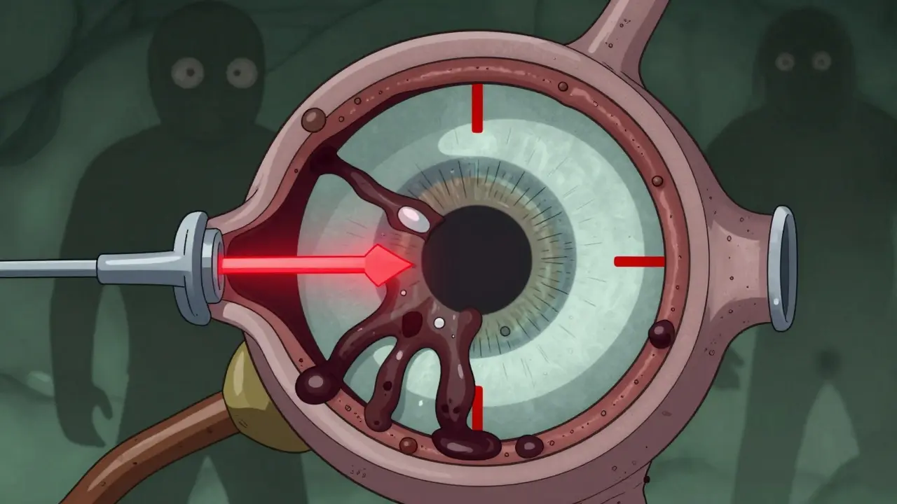 Illustration of clogged eye drainage causing high pressure