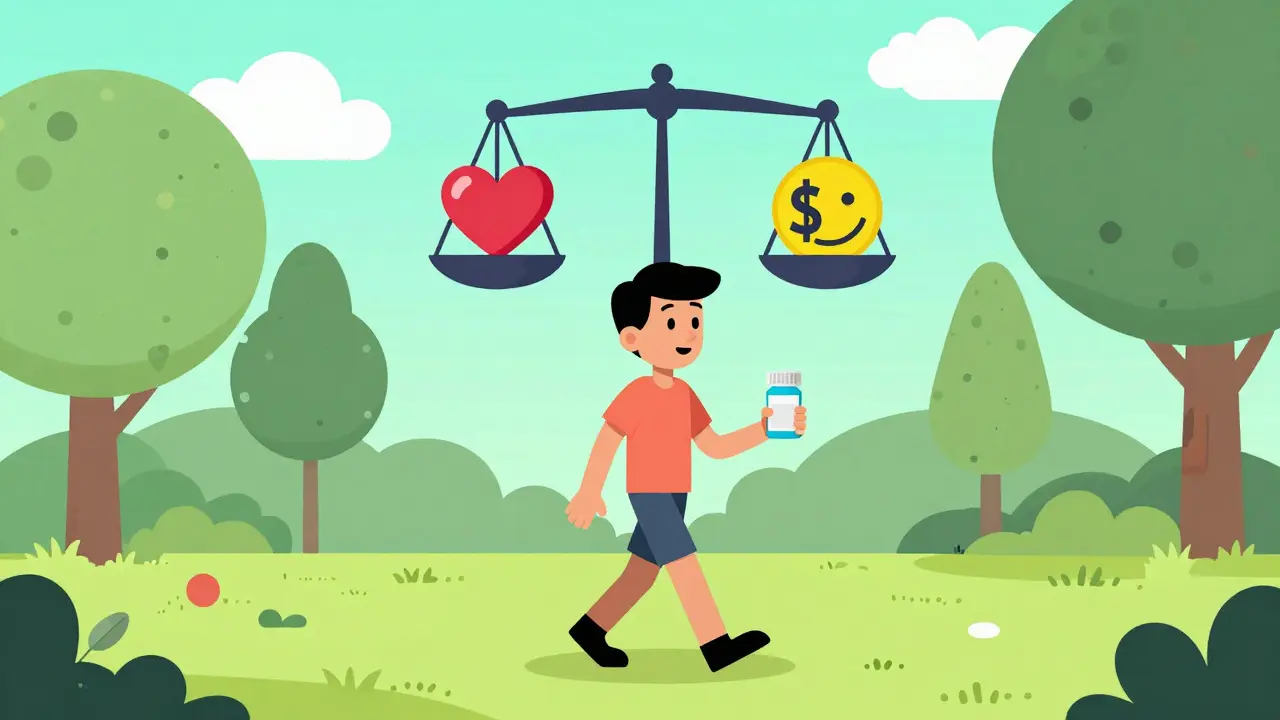 Relaxed patient walking with balanced heart health and cost savings