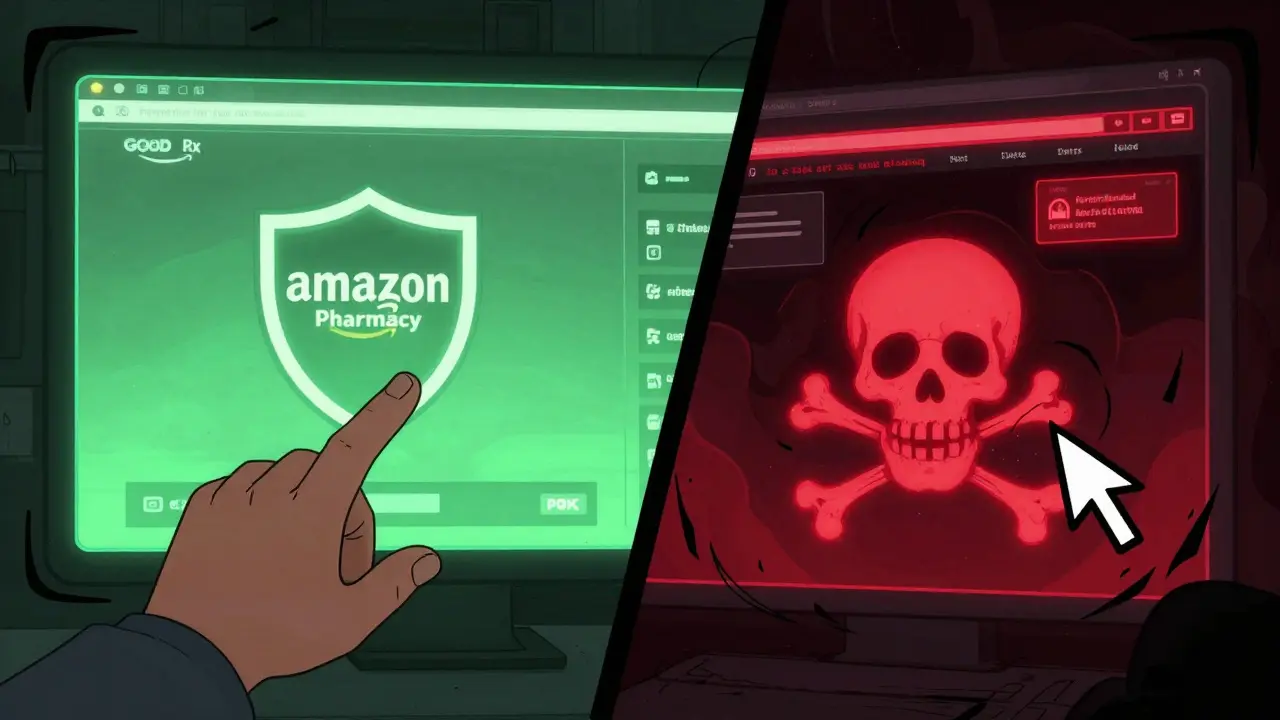 Safe online pharmacy platform versus dangerous scam website illustration