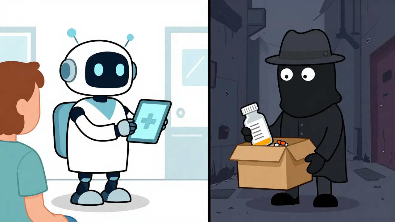 Split-panel cartoon comparing safe telemedicine consultation with shady illegal drug sellers.